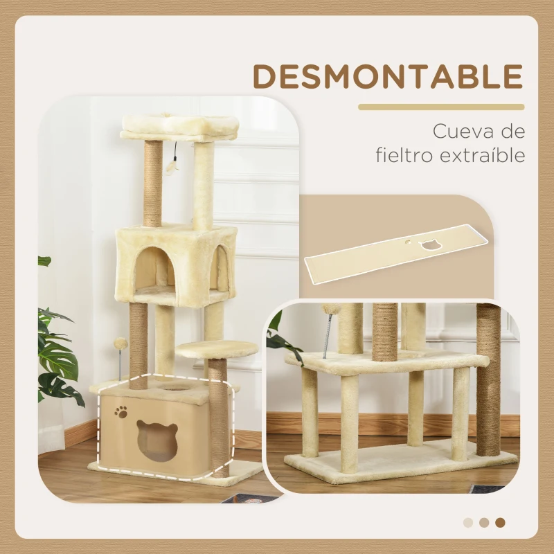 PawHut Árbol Rascador para Gatos Grande 60x34x136 cm Árbol para Gatos con Plataformas Cuevas de Felpa Postes de Yute Beige