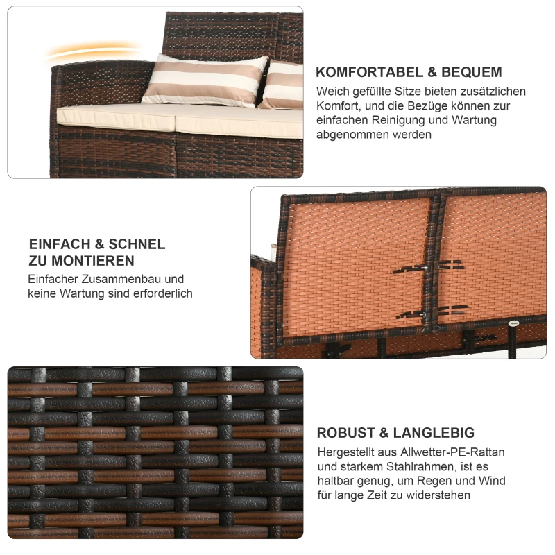 Outsunny Rattan Sofa mit Kissen, Dreisitzer, Garten Loungesofa, Stahl, Braun, 173 x 68 x 78 cm