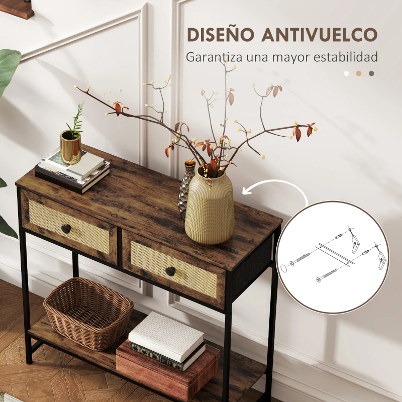 HOMCOM Mesa Consola con Estante Abierto y 2 Cajones Frontales de Ratán Consola para Recibidor 80x30x75 cm Marrón Rústico