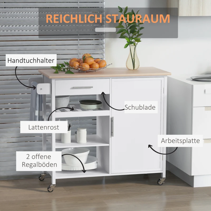 HOMCOM Küchenwagen, Servierwagen mit Schblade und Handtuchhalter, Küchenschrank, Rollwagen, Küchentrolley, Weiß, 105 x 45 x 89 cm
