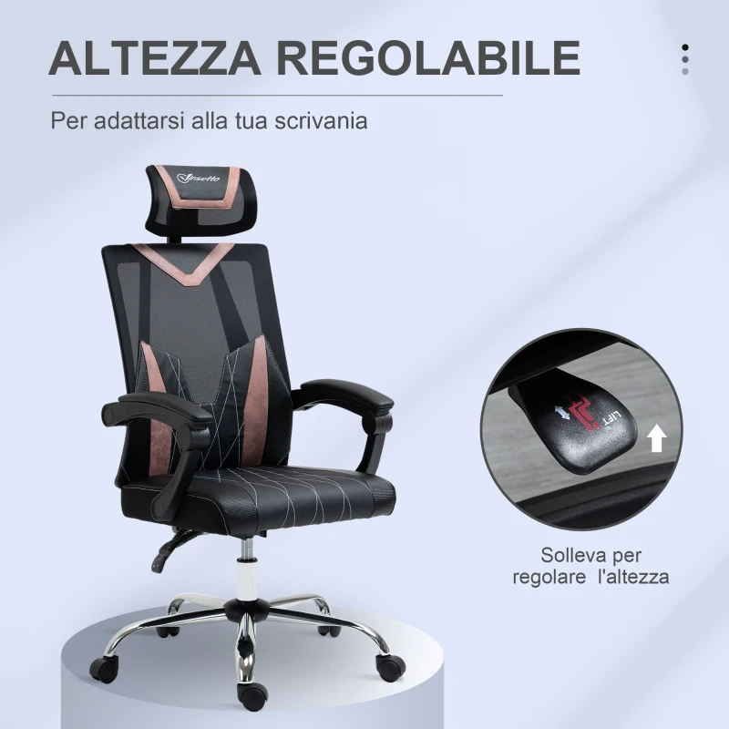 Vinsetto Sedia da Ufficio Ergonomica Inclinabile a 130° con Supporto Lombare e Cervicale, 58x62.5x112-120cm
