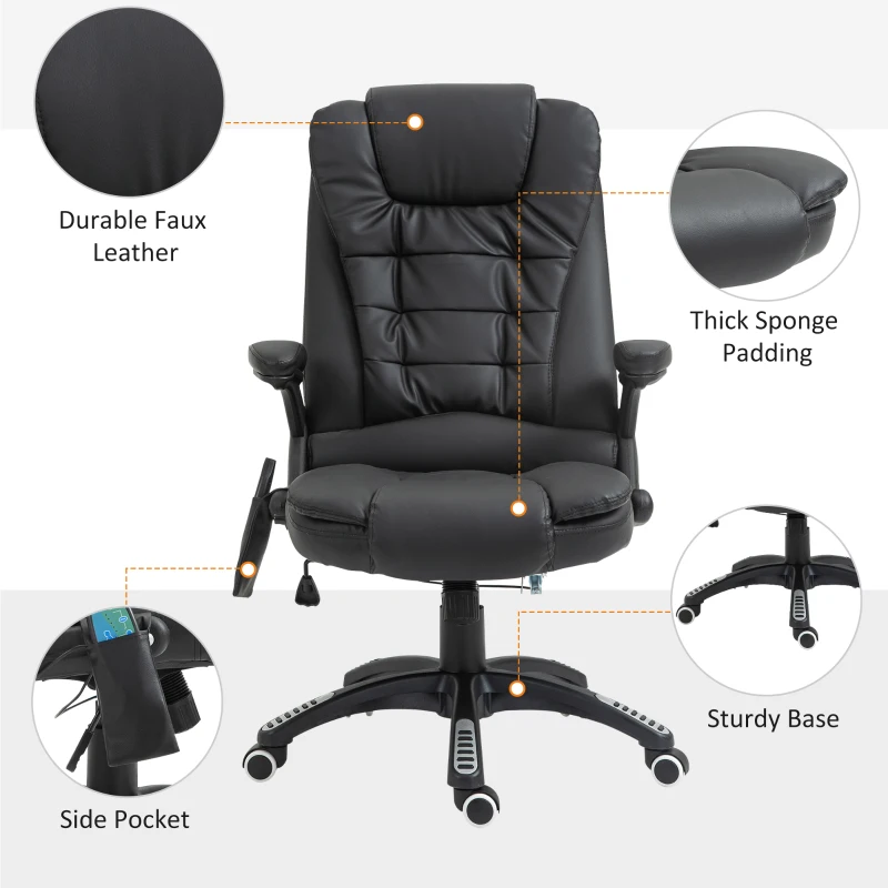 HOMCOM 6-Point Massage Office Chair with Seat Heated for Home Office, PU Leather High Back Executive Desk Chair with Adjustable Height and 360° Swivel for Work Study, Black