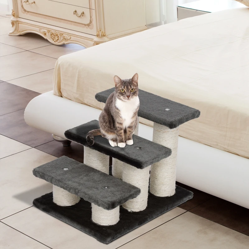 PawHut Hundetreppe 3 Stufen 34 cm Hoch Haustiertreppe für Hunde Katze Katzentreppe mit Kratzstamm Hunderampe Einstiegshilfe für Bett, Sofa, Couch Dunkelgrau