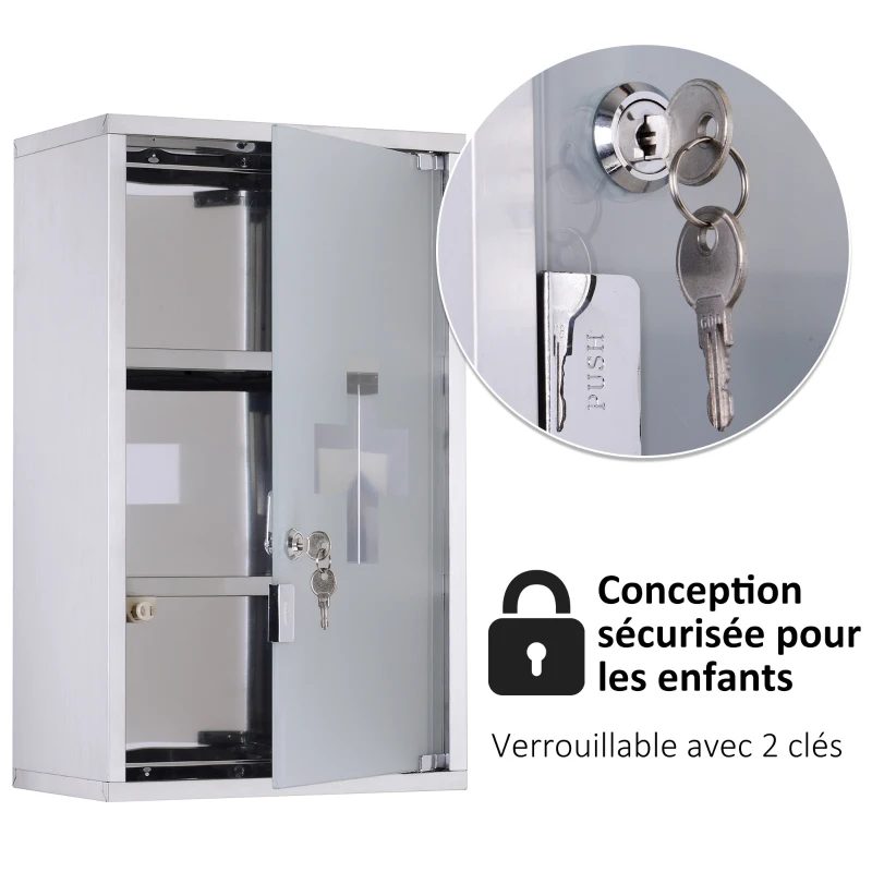 HOMCOM Armoire à pharmacie murale à 3 niveaux en acier inoxydable avec porte verrouillable en verre avec 2 clés