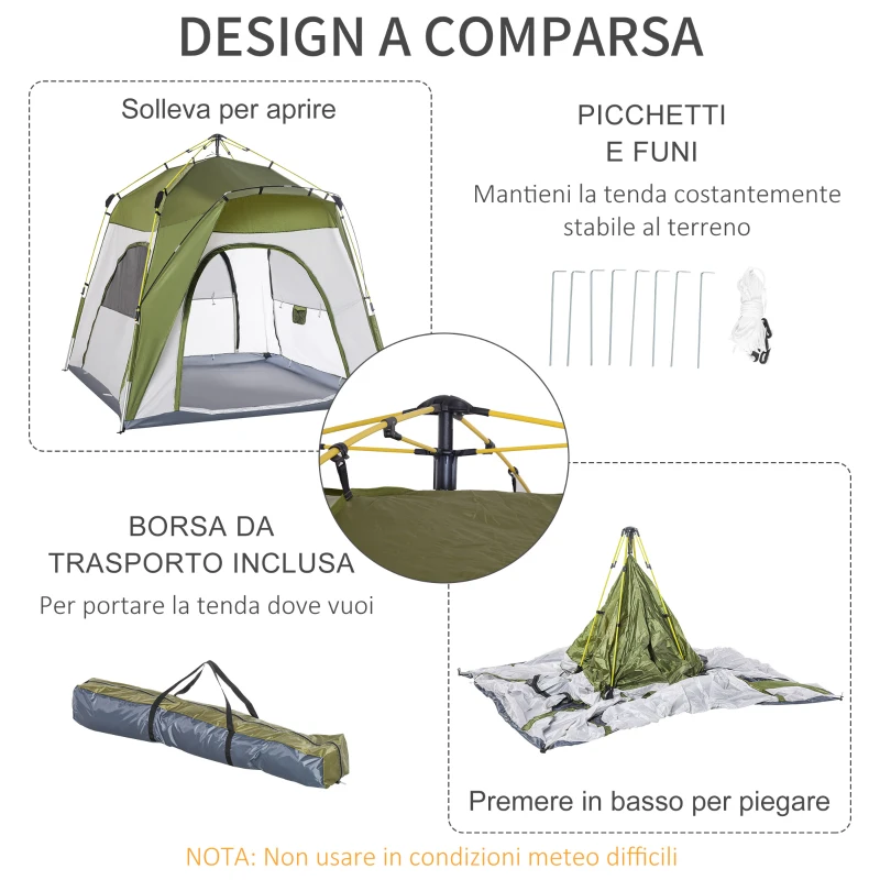 Outsunny Tenda da Campeggio 2 Posti Pop Up con Porta a Cerniera e 3 Finestre, 240x240x199 cm, Verde