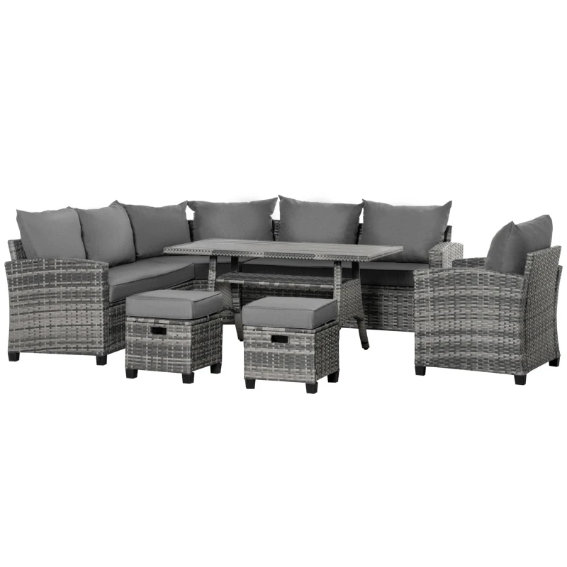 Outsunny Luxus Polyrattan Gartenmöbel Set für 7 Personen Gartengarnitur Loungemöbel mit Beistelltisch Sitzkissen Grau