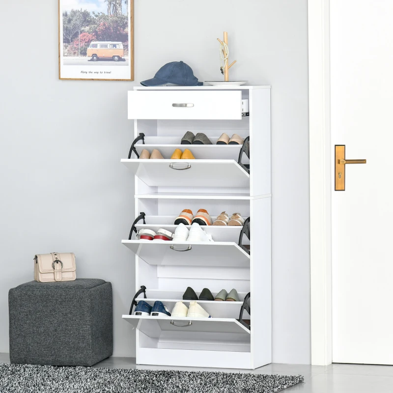HOMCOM Shoe Cabinet with 3 Flip Drawers, High Gloss Shoe Storage Cabinet with Top Drawer and Adjustable Shelves, Shoe Cupboard for 18 Pairs, White