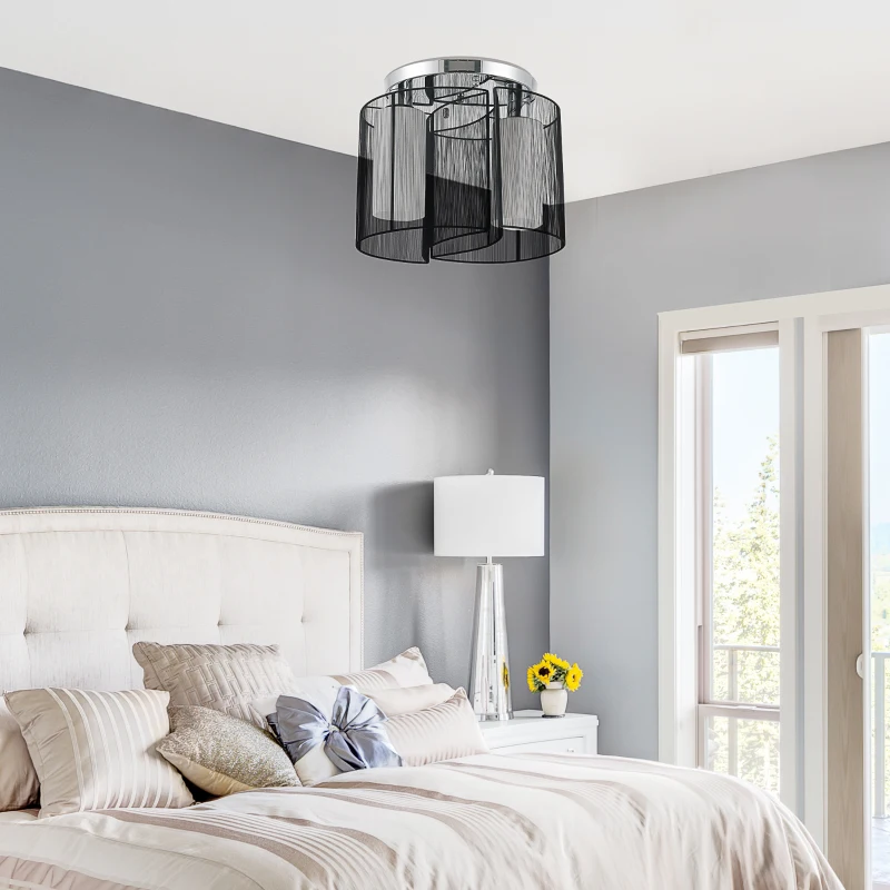 HOMCOM Plafonnier 2 lampes design contemporain filaire dim. Ø47 x 33H cm métal chromé verre toile noir