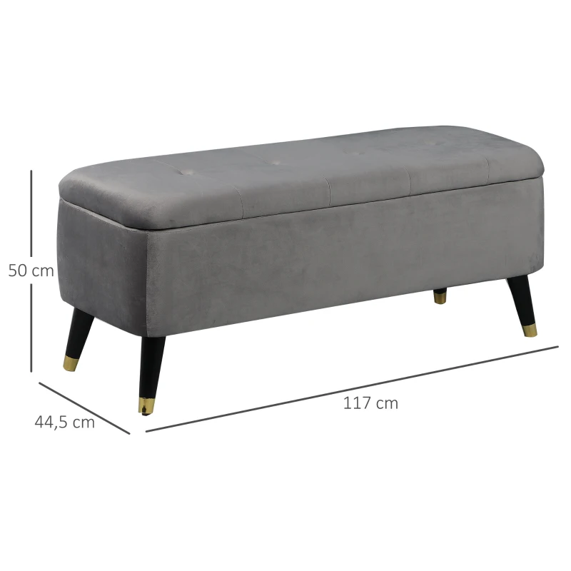 HOMCOM Banc de rangement, bout de lit, coffre de rangement, repose-pieds en velours côtelé avec couvercle, pour salon, chambre, entrée, 117 x 44 x 50 cm, gris