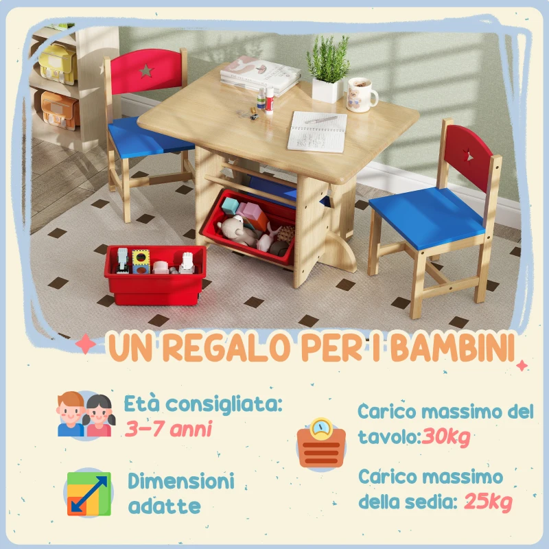AIYAPLAY Set Tavolo e Sedie per Bambini 3-7 Anni con 2 Sedie e Tavolo con 4 Contenitori, in Legno e PP, color Legno