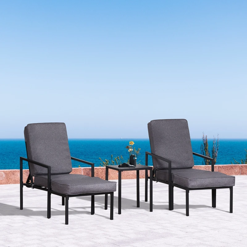 Outsunny Set 5 Pezzi Mobili da Esterno, 2 Sedie Sdraio Reclinabili, 2 Pouf e 1 Tavolino, Grigio e Nero, Metallo e Poliestere