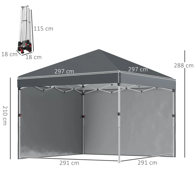 Outsunny Faltpavillon, 2 Seitenwände, höhenverstellbar, mit Transporttasche, rostfreies Stahlgestell, 3x3 m, Dunkelgrau