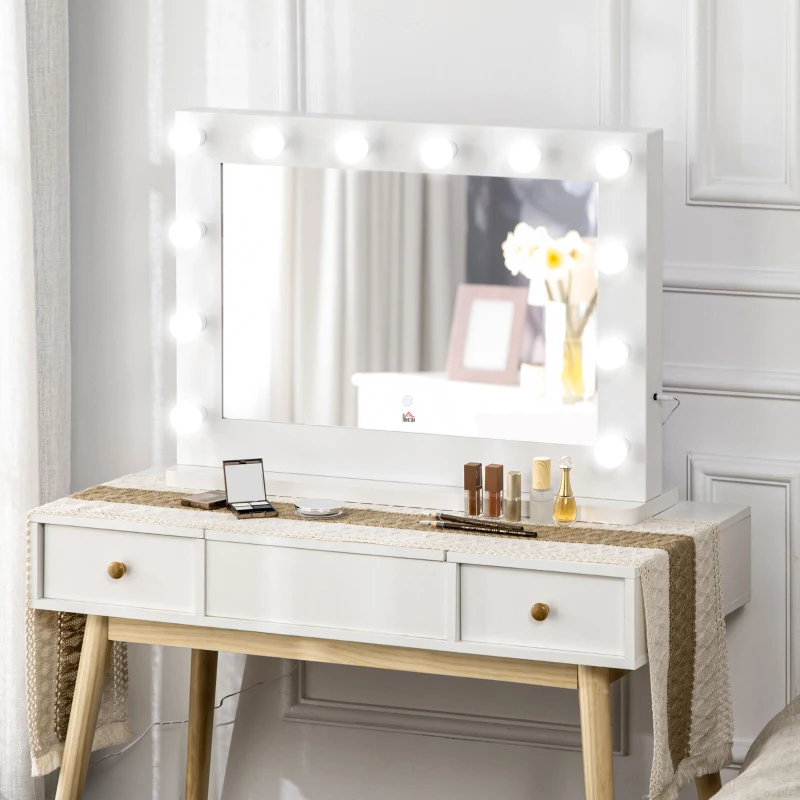 HOMCOM Miroir maquillage Hollywood lumineux 12 LED tactile - luminosité réglable, fonction mémoire - métal MDF blanc verre