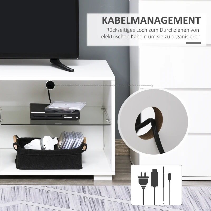 HOMCOM TV Schrank, TV-Kommode mit Schubladen und offenen Regalen, Fernsehschrank, Fernsehtisch, Glas, Weiß, 100 x 40 x 45 cm