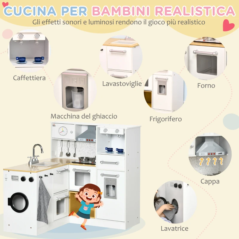 HOMCOM Cucina Giocattolo 2 Pezzi per Bambini 3-6 Anni con Utensili da Cucina, Luci ed Effetti Sonori, in MDF e PP(m-4)