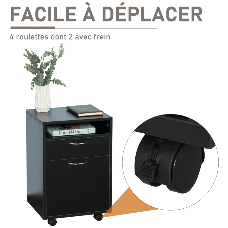 HOMCOM Caisson de bureau rangement bureau sur roulettes tiroir placard niche panneaux particules noir