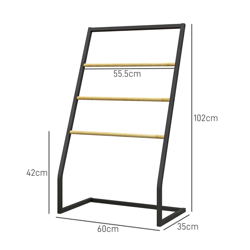 HOMCOM Portasciugamani a 4 Sbarre in Acciaio e Bambù, 60x35x102 cm, Nero e color Legno