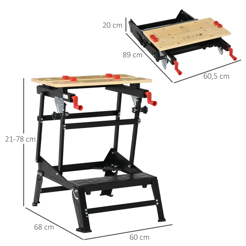 HOMCOM Werktisch Spanntisch Werkbank Werkstatt Versenkbare und klappbare Tischplatte Belastbarkeit Arbeitstisch höhenverstellbarer Tisch Metall Bambus Naturholz+Schwarz+Rot 68 x 60 x 21-78 cm