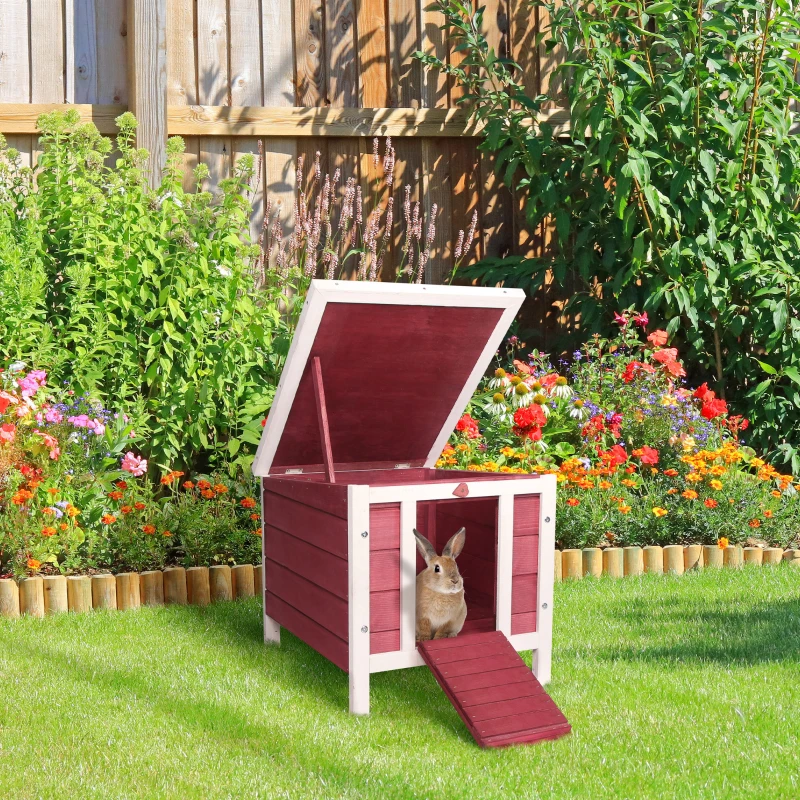 PawHut Conejera de Madera Exterior Jaula Caseta para Roedores Mascotas Pequeñas con Techo Asfáltico Se Puede Abrir y Rampa Antideslizante 42x51x43 cm Rojo