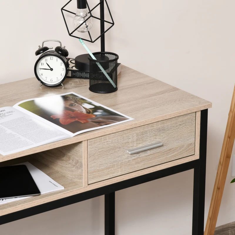 HOMCOM Bureau avec rangement table bureau Industriel bureau ordinateur avec tiroir châssis métal Noir Plateau bois chêne Clair