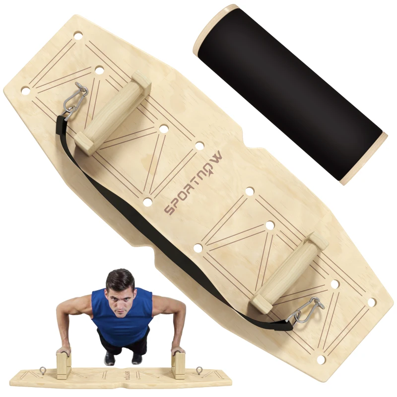 SPORTNOW Push Up Bars Set, Liegestützgriffe mit Trainingsboard & Widerstandsbändern, Holz