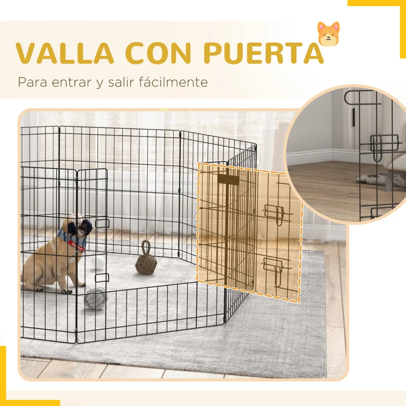 PawHut Parque de Juegos para Perros 8 Paneles 61x61 cm Plegables Jaula Metálica para Mascotas con Puerta y Doble Cerradura para Jardín Patio Exterior Negro