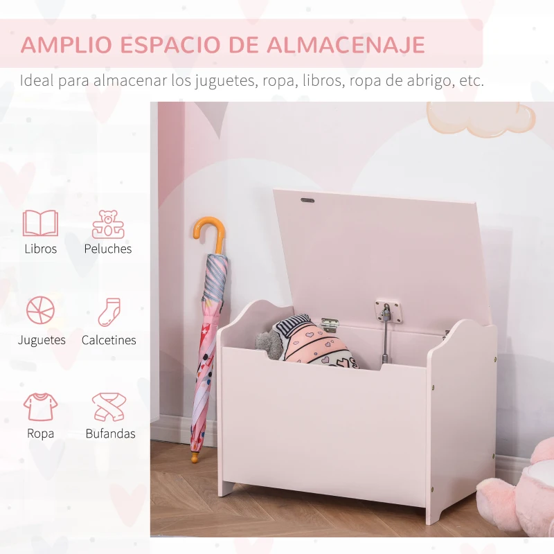 HOMCOM Caja de Almacenaje de Madera para Juguetes Baúl Organizador para Niños +3 Años con Tapa para Libros Ropa en Habitación Dormitorio 60x40x48 cm Rosa