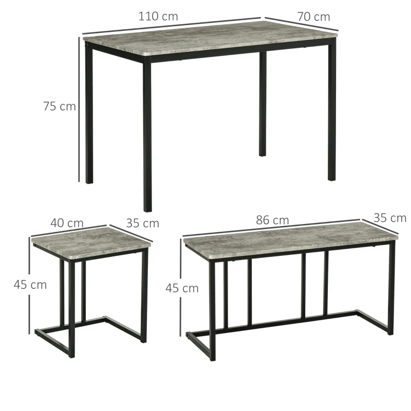 HOMCOM Essgarnitur, 4-teilig, Tisch, 2 Hocker und Bank, kompakt, Metallrahmen, Grau