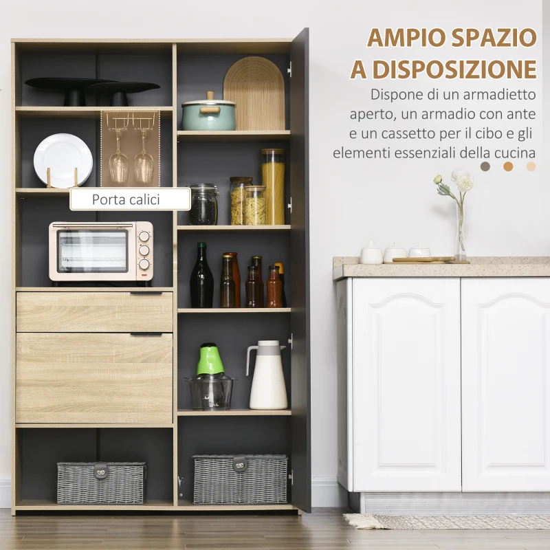 HOMCOM Credenza Moderna con Armadietto, Cassetto e Porta Calici, 110x41.5x180cm, Legno Naturale e Grigio