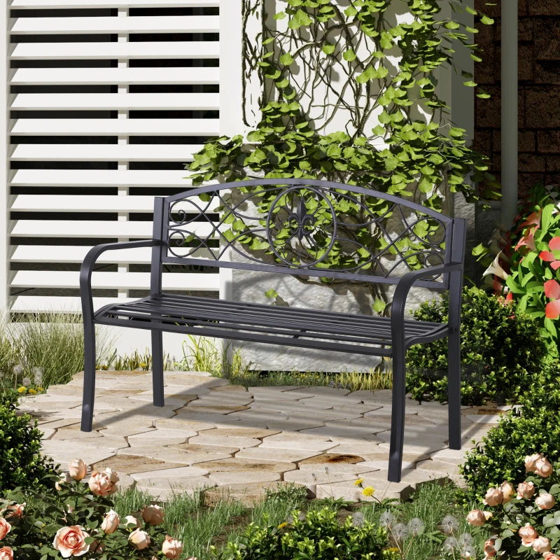 Outsunny Banc de Jardin 3 Places Style néo-rétro Fer forgé Motif Fleurs de lys dim. 129L x 50l x 91H cm métal époxy Noir
