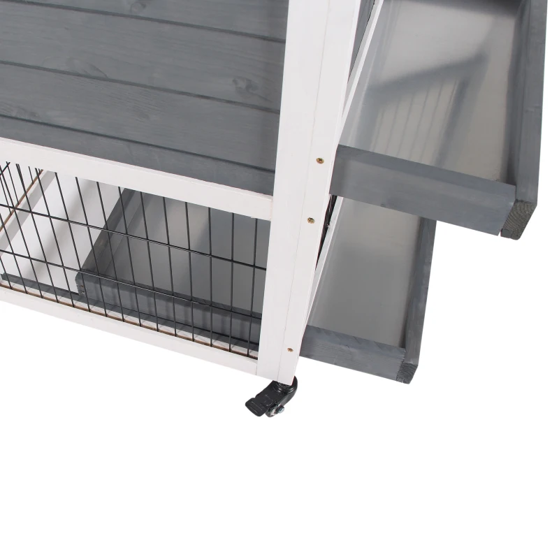 PawHut Conejera de Madera con Ruedas para Interior Jaula de 2 Pisos con Rampa y 2 Bandejas Extraíbles 110x50x88cm Gris