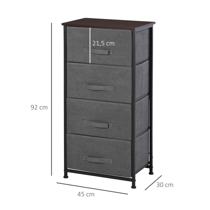HOMCOM Commode en Tissu Meuble de Rangement 4 tiroirs chiffonnier dim. 45L x 30l x 92H cm Cadre en métal gris