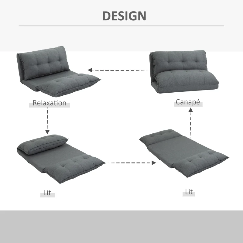 HOMCOM Fauteuil de sol paresseux chauffeuse fauteuil convertible fauteuil salon - Matelas d'appoint - inclinaison dossier réglable 13 Positions - tissu lin gris