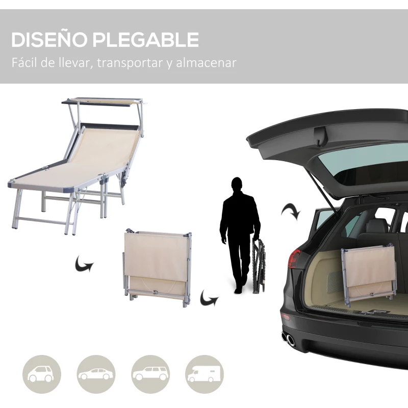 Outsunny Tumbona Plegable y Reclinable con Toldo Incorporado para Jardín Terraza Carga 120 kg 169x72x50/70 cm Beige