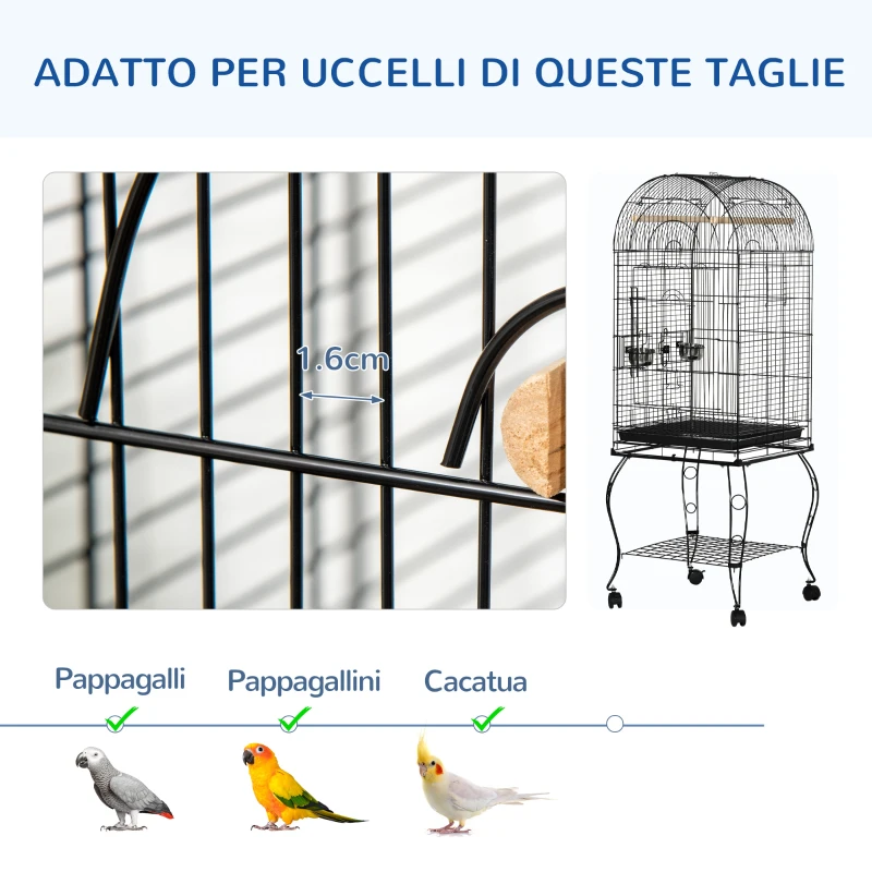 PawHut Gabbia per Uccelli e Canarini, Voliera con Ruote in Metallo Nero 51x51x153 cm