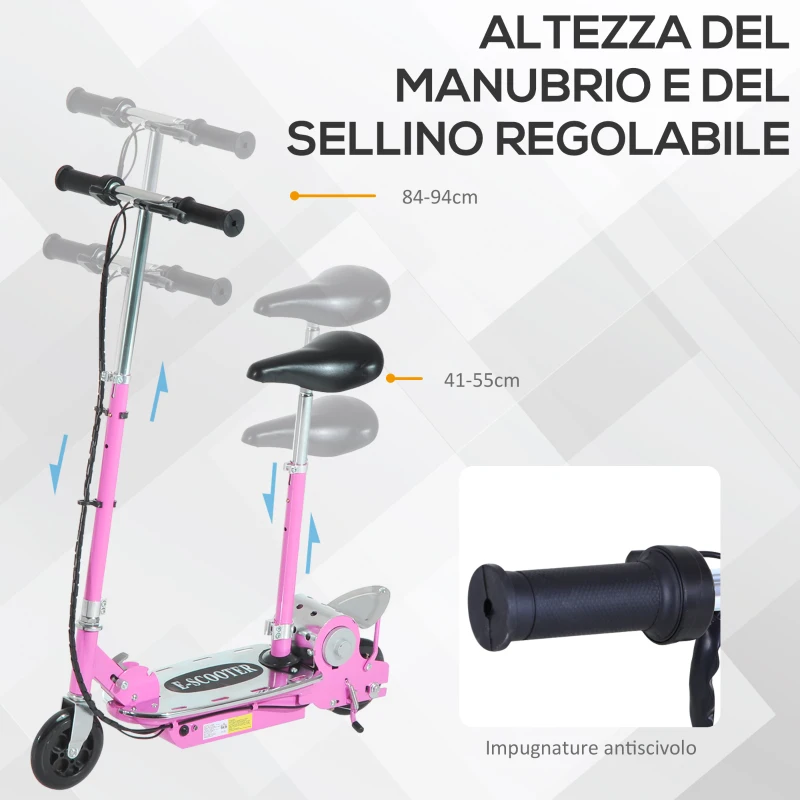 HOMCOM Monopattino Elettrico Pieghevole con Sella, 2 Ruote e Manubrio Regolabile, Bambini 7-12 Anni, 75x37x98cm, Rosa