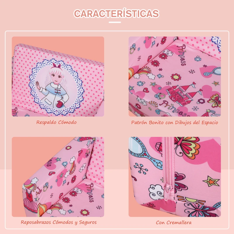 HOMCOM Sillón Infantil 2 Modos de Uso Extensible Ergonómico Funda Lavable Mini Sofá para Niños +12 Meses Asiento Acolchado Esponja 56x42x39 cm Rosa