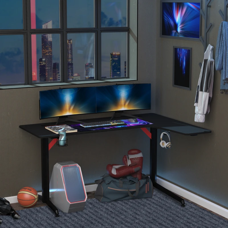 HOMCOM Gaming Tisch PC Tisch Schreibtisch mit Kopfhörerhaken Getränkehalterung Computertisch Metall MDF Schwarz+Rot 157 x 111,8 x 74 cm