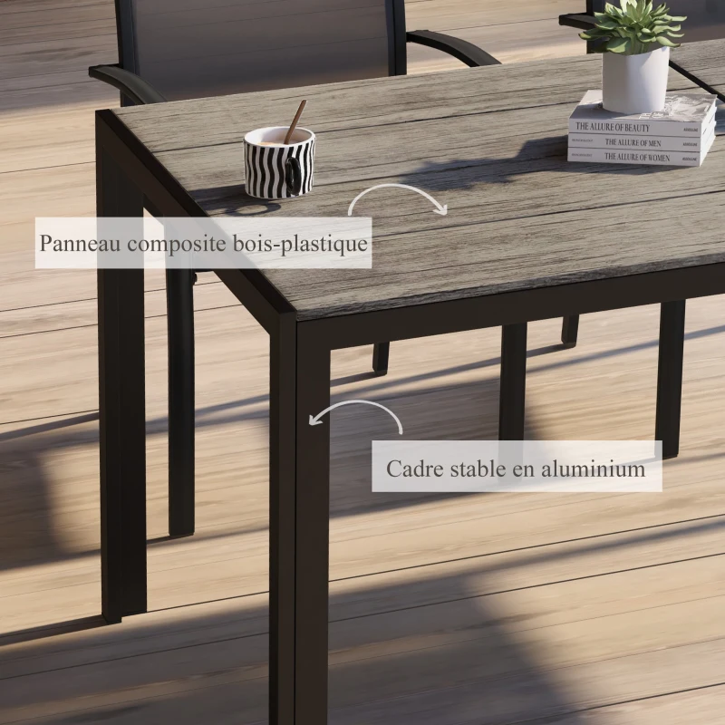 Outsunny Table de jardin pour 6 personnes en aluminium plateau composite aspect bois dim. 160L x 90l x 74H cm