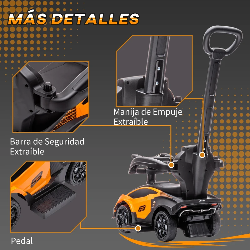 AIYAPLAY 2 en 1 Coche Correpasillos para Niños 12-36 Meses Lamborghini Essenza SCV12 con Bocina Mango de Empuje Naranja y Negro
