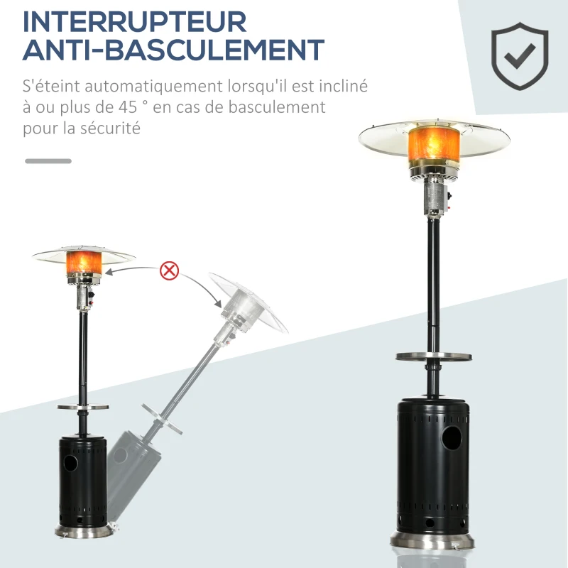 Outsunny Chauffage de terrasse à gaz 13 Kw 30 m² et IP44 chauffage radiant avec roues de transport étagère et protection contre le renversement détendeur et tuyau de gaz fournis alu et acier noir