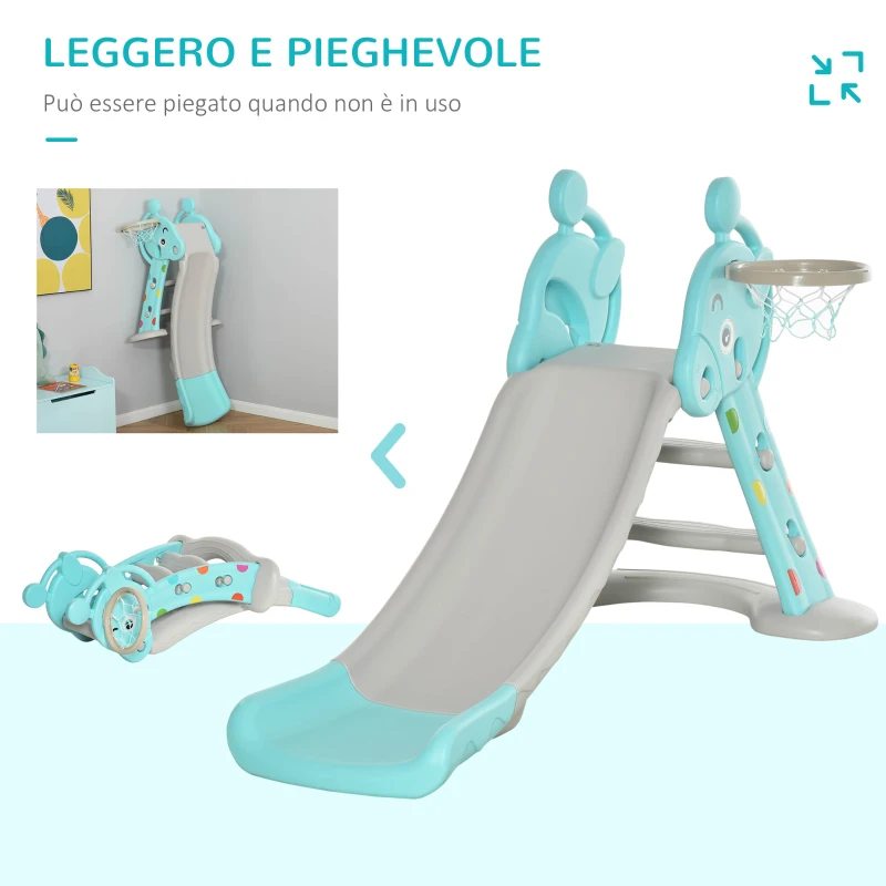 HOMCOM Scivolo per Bambini da 18 Mesi Pieghevole con 3 Scalini e Canestro Basket, Scivolo da Interno ed Esterno, 147x82x85.5 cm, Blu e Grigio