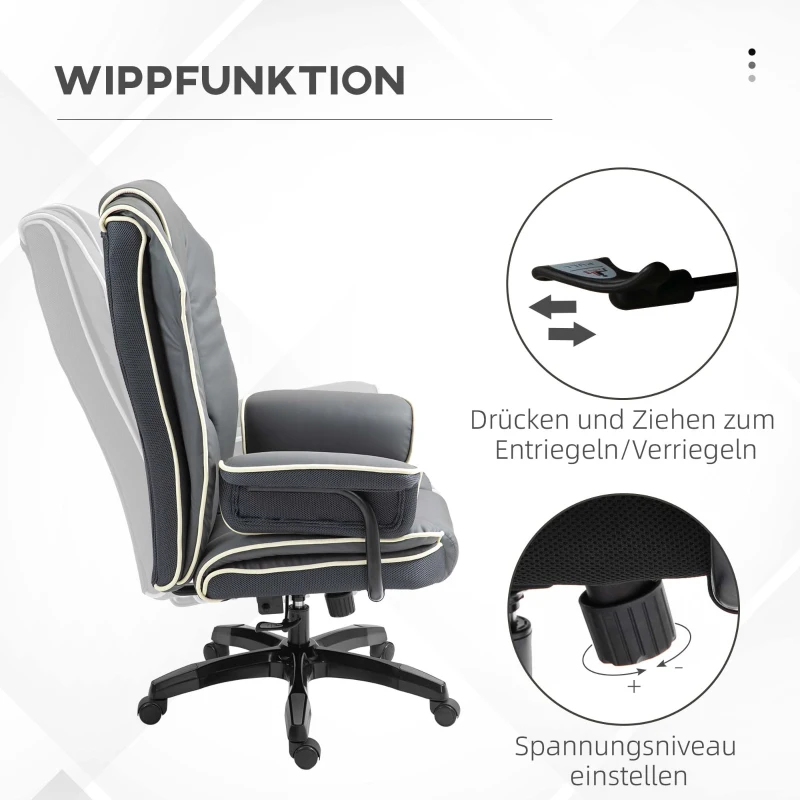 Vinsetto Ergonomischer Bürostuhl, extra gepolstert, Liegefunktion, Kunstleder, 76x80x118-124 cm, Dunkelgrau