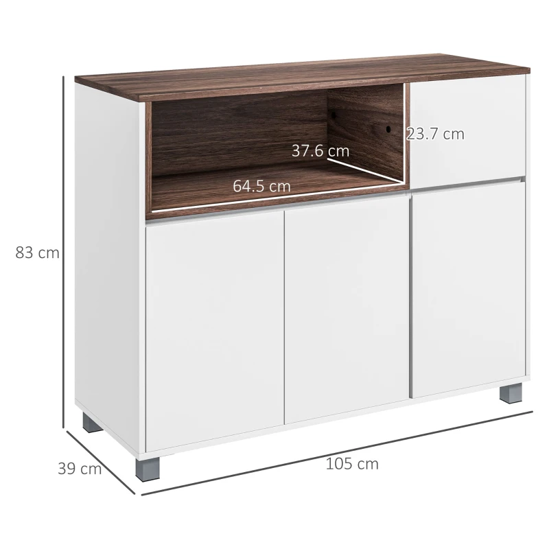 HOMCOM Credenza Moderna da Cucina in Legno con Armadietti, Cassetto e Vano Aperto, 105x39x83cm, Bianco
