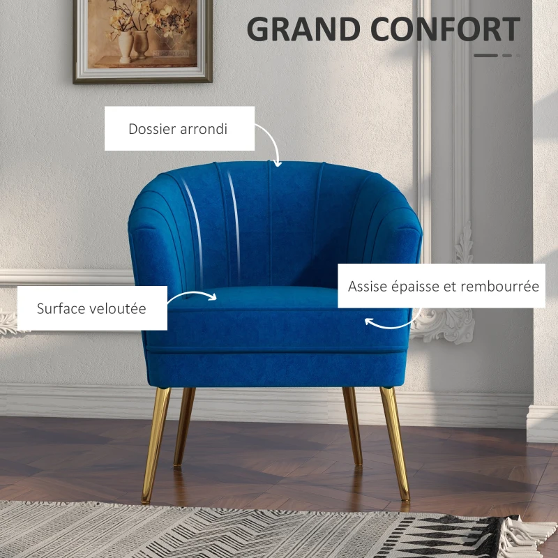 HOMCOM Fauteuil en velours chaise salon avec pieds acier doré fauteuil relax de salon arrondi 71 x 72 x 75 cm bleu