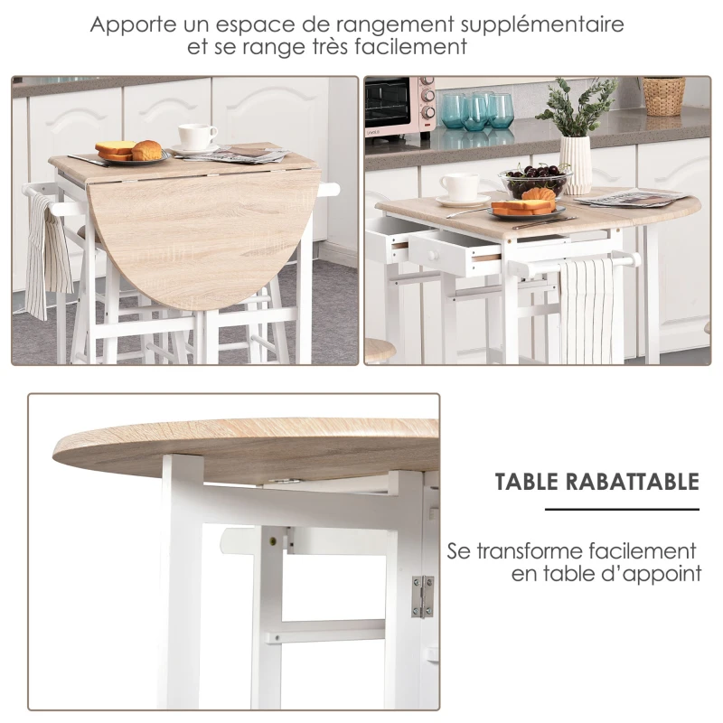 HOMCOM Ensemble Table de Bar Pliable sur roulettes avec étagère et 2 tiroirs + 2 tabourets Bois pin MDF Blanc chêne Clair