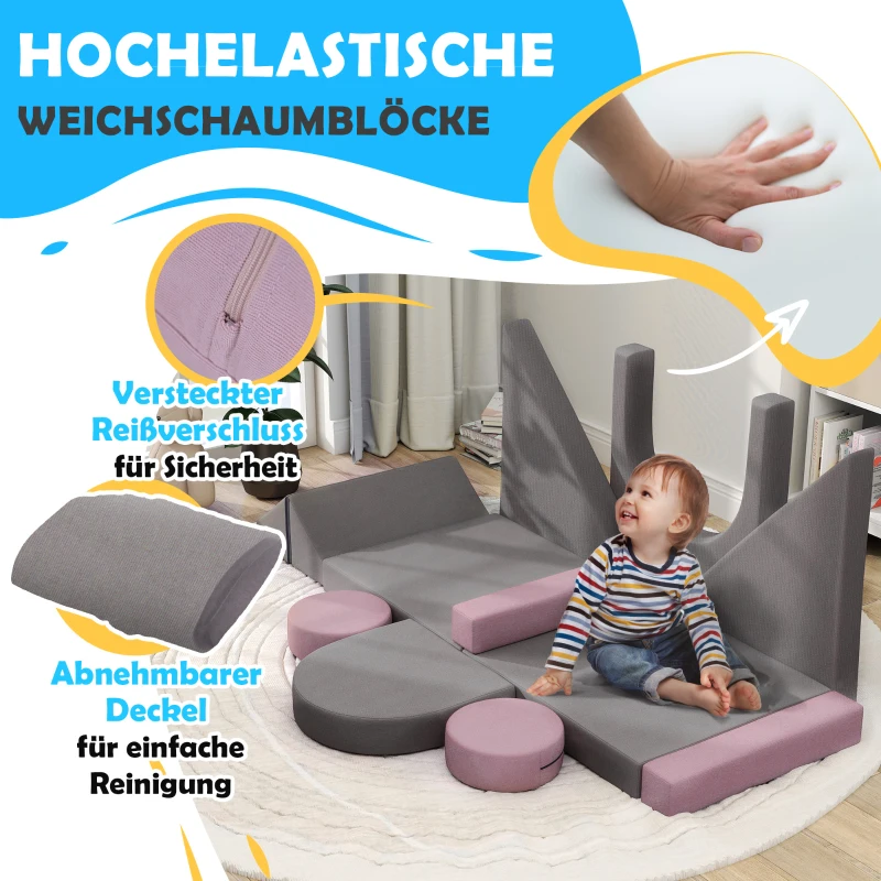 AIYAPLAY Modulares Kindersofa, 12 Softbausteine mit 6 Formen, waschbare Bezüge, Grau/Rosa