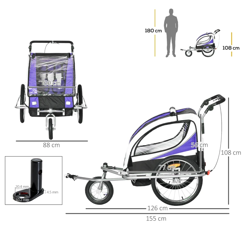 HOMCOM Baby Bike Trailer, Child Bicycle Trailer with 5 Point Harness, Steel Frame, Reflectors, Safety Flag, Hitch Coupler, Purple