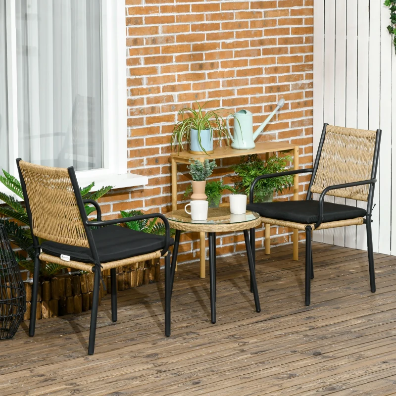 Outsunny Gartensitzgruppe für 2 Personen, Rattanoptik, runder Tisch, zwei Stühle, inkl. Sitzkissen, Sandfarbe
