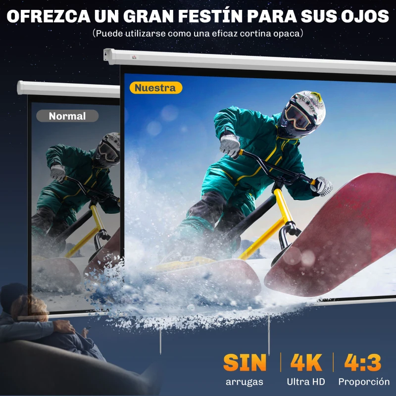 HOMCOM Pantalla Proyector de 84 Pulgadas Formato 4:3 4K Pantalla de Proyección Montaje en Pared o Techo Blanco